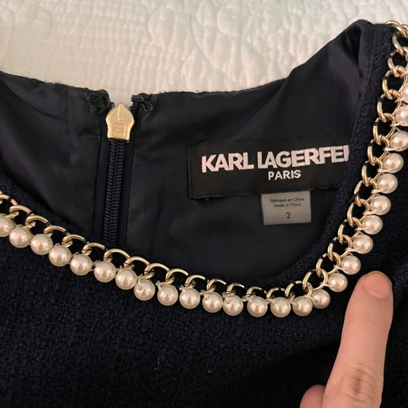 Karl Lagerfeld Paris Navy Blue Tweed Shift Pearl Dress - Picture 2 of 4